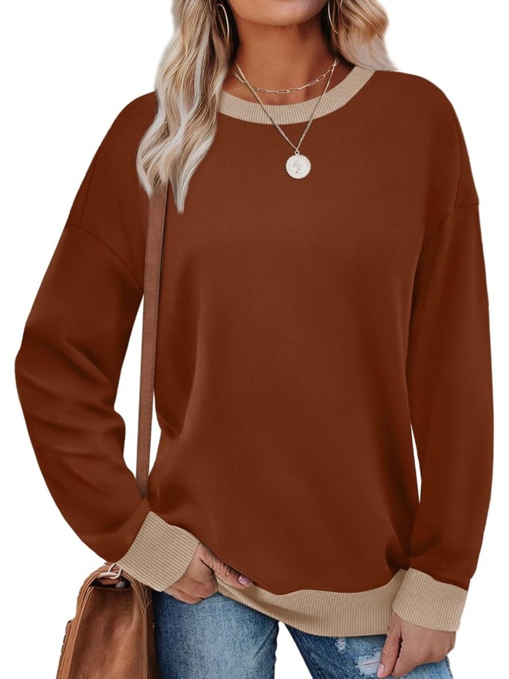 Sweatshirts for Women Crewneck Long Sleeve Loose Fit Tops Color Block Ribbed Tri
